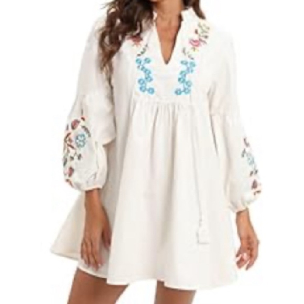 Aox Women Retro Lanter Sleeve Floral Embroidered Boho A line Loose